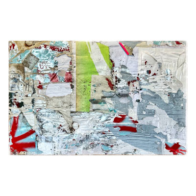 Viertelfinale, décollage (retro d'affiche) with spraypaint, varnish, tape, rust, ca. 41 x 65 cm, 2025