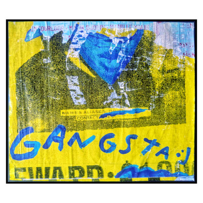 Gangsta, décollage with blue marker, 55,9 x 69,0 cm, 2025