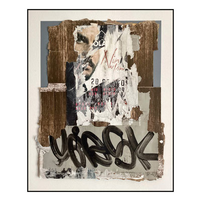 Ola Nin, décollage with graffiti on acrylic, cardboard, paper, 71,5 x 54,0 cm, 2024