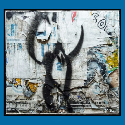 Viki, décollage with spraypaint, ca. 76 x 84 cm, 2021