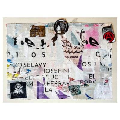 Josefin, décollage with tape and stickers, ca. 47 x 66 cm, 2025