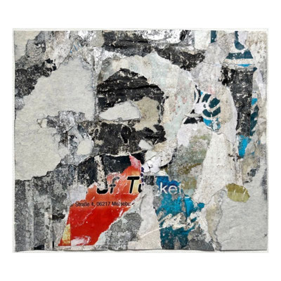 Tocket, décollage with silverspray, 13,6 x 15,7 cm, 2024