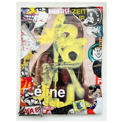 Maastricht, décollage with spraypaint and collaged stickers on canvas, 40,0 x 30,0 cm, 2025 (Köln, DE)