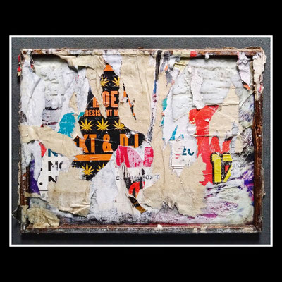 Rematron, décollage on glass on frame with dried bee, 33,0 x 44,0 cm, 2023