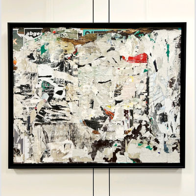 Merlin 1, Décollage auf Holzplatte auf Keilrahmen, 85,0 x 104,5 cm, 2022
