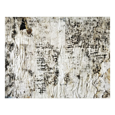 Chäller, Décollage (retro d'affiche) with soot, tape and staples on cardboard, 46,2 x 60,2 cm, 2024
