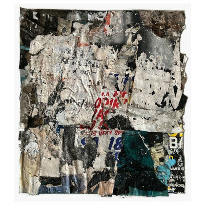 Odik, décollage with plastic, paper, dirt on painting board, 14,4 x 12,5 cm, 2024