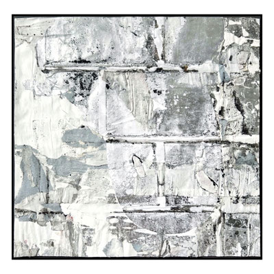sad, décollage (retro d'affiche) with silverspray, 24,3 x 25,5 cm, 2024