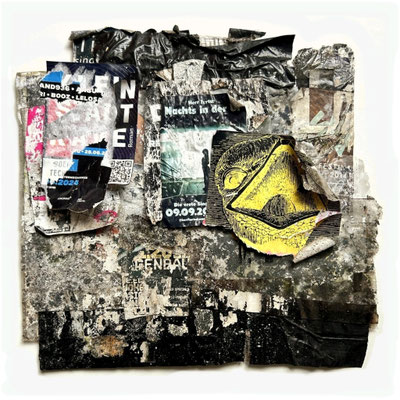 Genbau, décollage with plastic, paper, sticker, dirt on cardboard, 27,0 x 28,5 cm, 2024