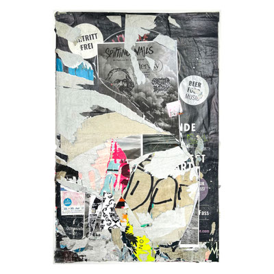veri sikssi, décollage with sticker, graffiti and tacker clamp, 90,8 x 59,2 cm, 2024