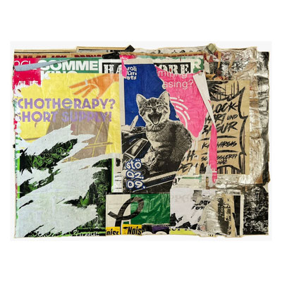 Therapy, décollage with silverspray and tape, ca. 80 x 59,5 cm, 2025