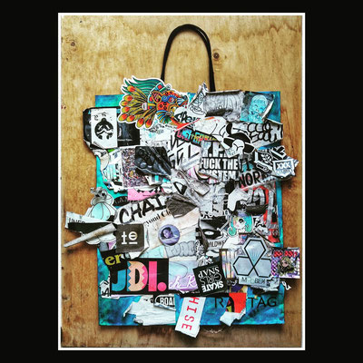 Aaro, décollage with sticker, marker, paper on paper bag with japanese ink, 54,0 x 40,5 cm, 2022