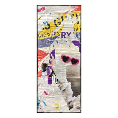 tiveril, décollage with ink and pink plastic glasses, 47,0 x 18,8 cm, 2024