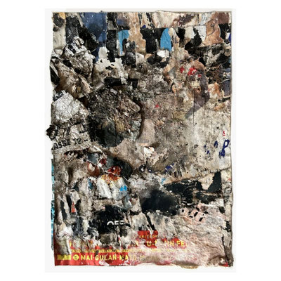 Gulan, décollage with plastic, paper, tinfoil, dirt on painting board, 14,3 x 10,3 cm, 2024