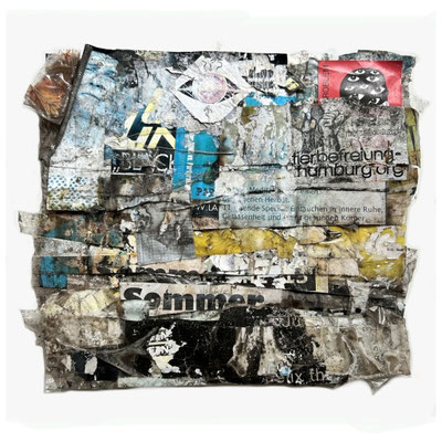 Sommer HH, décollage with plastic, paper, sticker, tinfoil, dirt on canvas, 29,5 x 35,0 cm, 2024