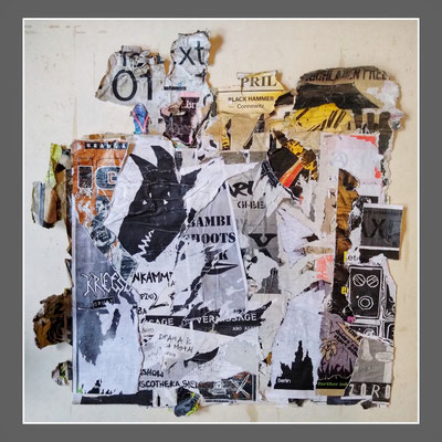 Bambi Shoots, décollage with tape, ca. 63 x 68 cm, 2023