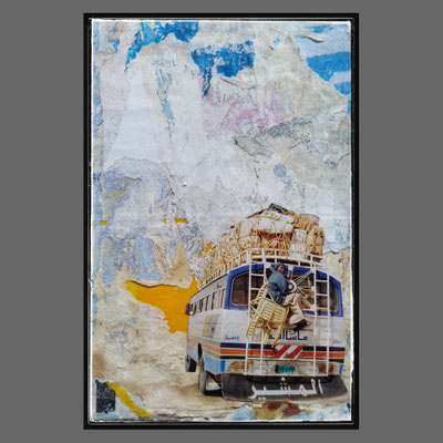 Trip, décollage with collage, 16,1 x 10,5 cm, 2021