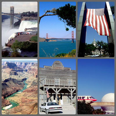 USA Highlights - v.l.n.r: Niagara Falls, Golden Gate, Talahassee, Grand Canyon, Lajitas Hotel, Orlando