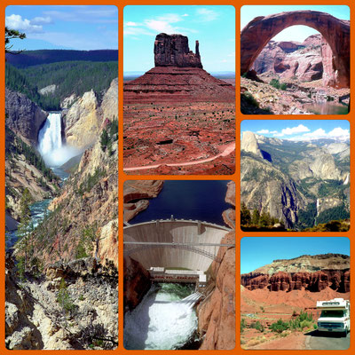 USA West - v.l.n.r.: Yellowstone NP, Monument Valley, Glen Canyon Dam, Rainbow Bridge, Yosemite NP, Capitol Reef NP