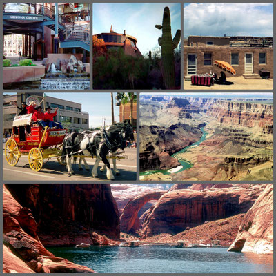 Arizona - v.l.n.r.: Arizona Center Phoenix, Marriott Hotel Tempe, Acoma Pueblo, Scottsdale, Grand Canyon, Rainbow Bridge