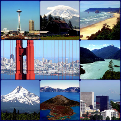 USA Nordwest - v.l.n.r.: Seattle, Mt. Rainier, Cannon Beach, San Francisco, Diablo Lake, Mt. Hood, Crater Lake, Portland & Mt. Hood