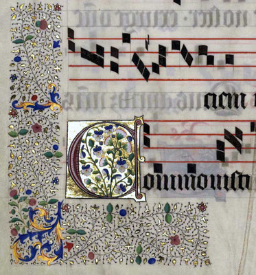 Buchmalerei, goldene Großbuchstabe auf rotem oder blauem Hintergrund, mit Feldblumen und einem Blumen-, Obst- und vielfarbigen Blättenetz verziert