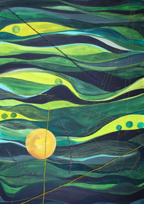 Auf Anfrage, Grüne Sonne, 70cm x 100cm Mixed Media auf Leinwand