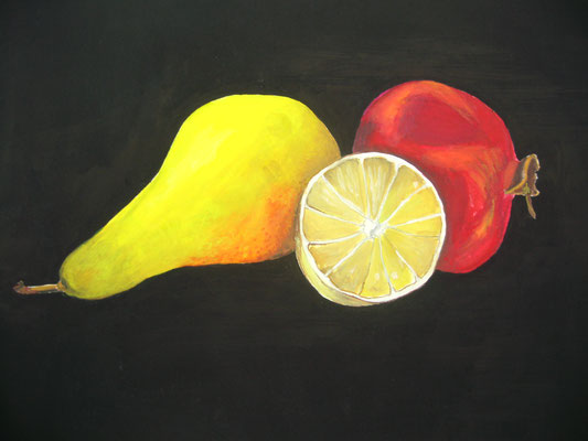 Birne, Zitrone, Granatapfel, Gouache auf Papier, A4, Arbeit von Ana Figuerola, Atelier artundwerk, Zürich, artundwerk.jimdo.com 