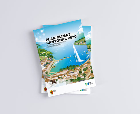 Direction de la durabilité et du climat (DDC) – Canton de Genève | Essentiel en bref – Plan climat cantonal 2030 | Illustrations: La Jonx