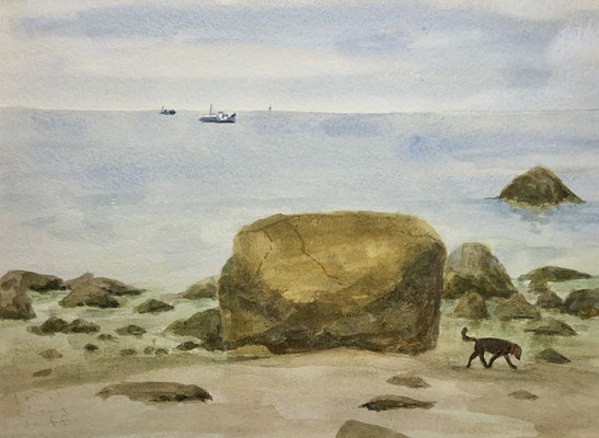 Dog Beach, watercolor, 9x12 SOLD