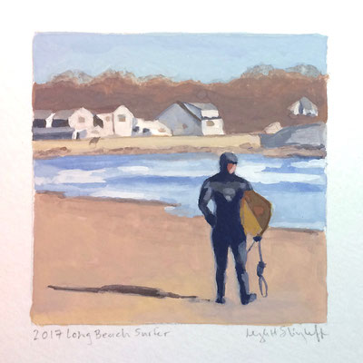 Long Beach Winter Surfer, gouache, 4 x 4 SOLD