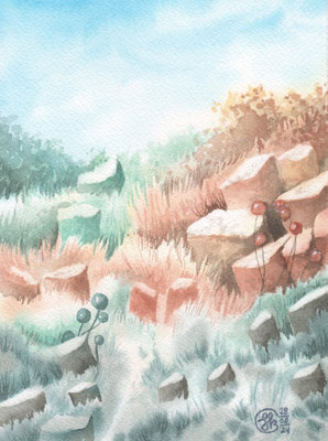 Aquarellbild "Felssteppe mit Perlenblumen": Felsen im Grasland mit kleinen perlenförmigen Blümchen