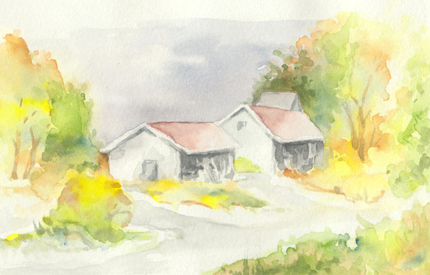 Aquarellbild "Häuser im Herbst": Hebstliche Landschaft mit zwei kleinen Häusern in der Mitte