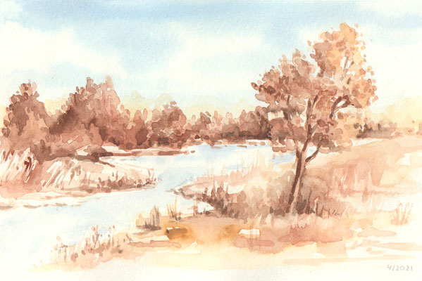 Aquarellbild "Flusslandschaft": Hellblauer Himmel, Landschaft mit Baum und Fluss in bräunlichem Farbspiel