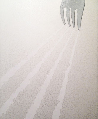 米とフォーク_72.7×60.6cm_麻紙　パール顔料　アルミ箔　胡粉　墨_2014