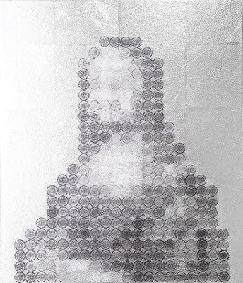 ≪286円の女≫　53.0×45.5cm　麻紙、アルミ箔、鉛筆、一円硬貨のフロッタージュ　2014