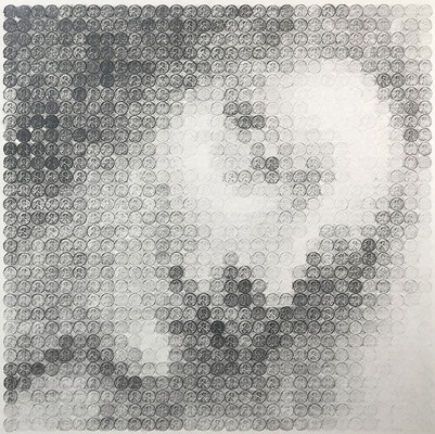 ≪Madonna(one cent)≫　60.0×60.0cm　麻紙、鉛筆、一セント硬貨のフロッタージュ　2018