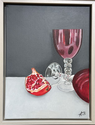 Rote Gläser mit Granatapfel, Öl auf Leinwand, Keilrahmen: 30 x 40 cm, verkauft