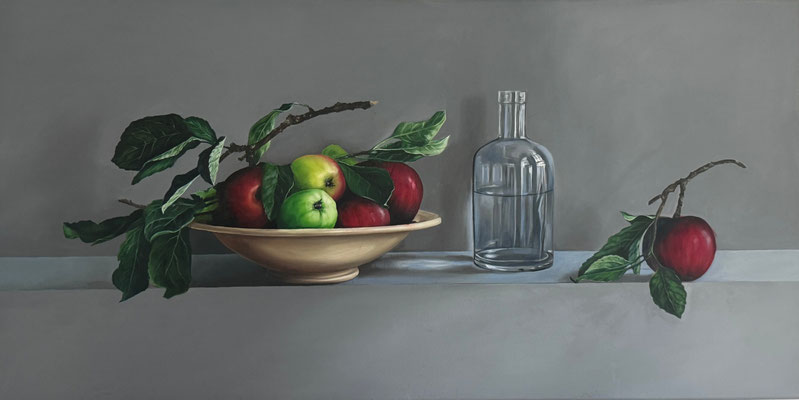 Rote und grüne Äpfel, Öl auf Leinwand, Keilrahmen: 100 x 50 cm, 750,- € (mit Schattenfugenrahmen in silber, Hochglanz)