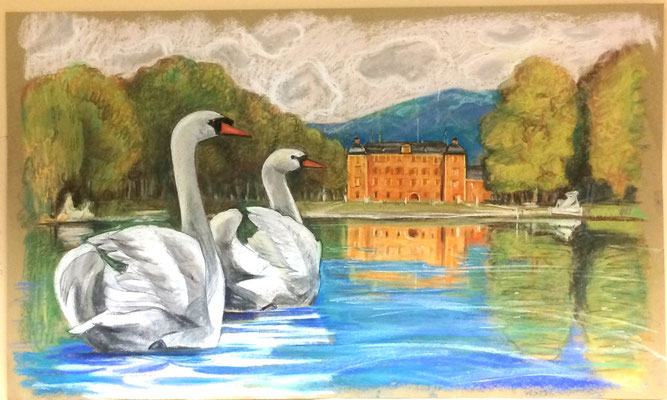 Schwäne auf dem Weiher, Alexandr Zlatkin, , Ölkreide, Papier, 66x39, ID1330