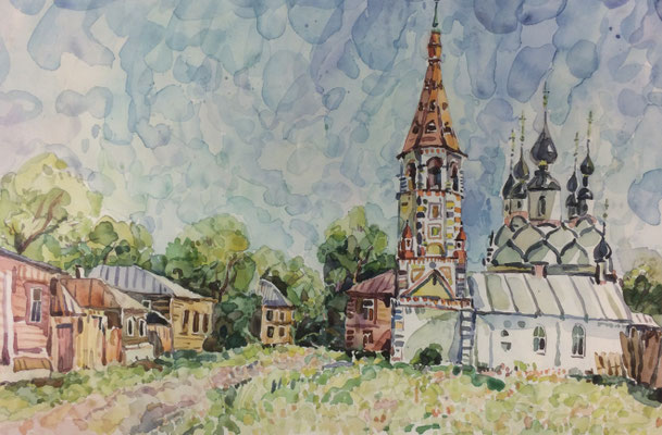 Russisches Dorf mit Kirche, Alexandr Zlatkin, undatiert, Aquarell, Papier, 40,5x26,5cm, ID1395