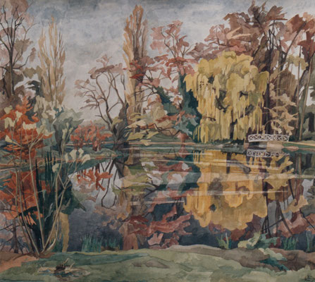 Schlosspark, Weiher von Ostufer, Otto Eberhardt, 2000, Aquarell, Papier, 75x68cm, ID1500
