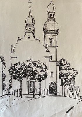 Sandhausen Kirche, Shihab Vaippipadath, undatiert, Zeichnung, Papier, 30,5x43cm, ID1738