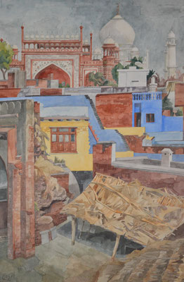 Agra, Taj Mahal von Kau Ban Moschee, Otto Eberhardt, 2000, Aquarell, Papier, 48x74cm, ID1445