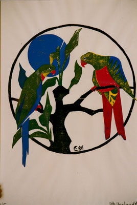 Barrabandsittich, Otto Eberhardt, 1986, Holzschnitt, Papier, 53x83cm, ID1254