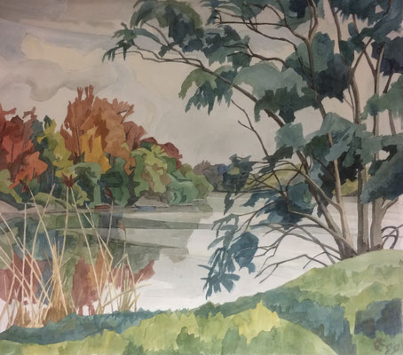 Altrhein, Rheininsel, Otto Eberhardt, 1999, Aquarell, Papier, 60x53cm, ID1519