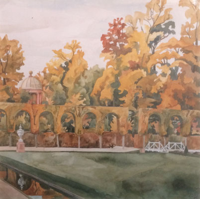 Schlosspark Orangerie und Apollo-Tempel, Otto Eberhardt, 1999, Aquarell, Papier, 66x66cm, ID1154