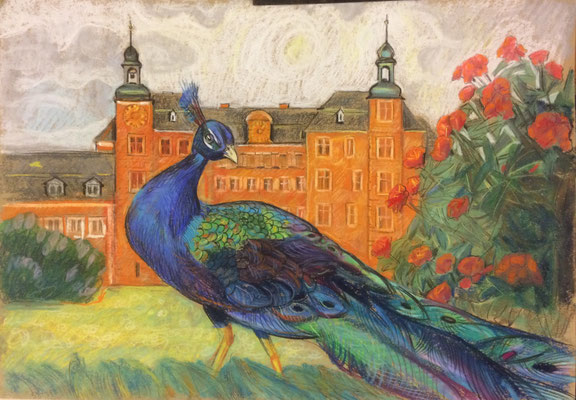 Pfau vor Schloss, Alexandr Zlatkin, , Ölkreide, Papier, 49x34, ID1326