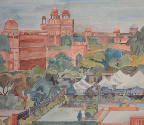 Delhi Red Fort Südtor v Jama Masjid, Otto Eberhardt, 1997, Aquarell, Papier, 60x53cm, ID1080
