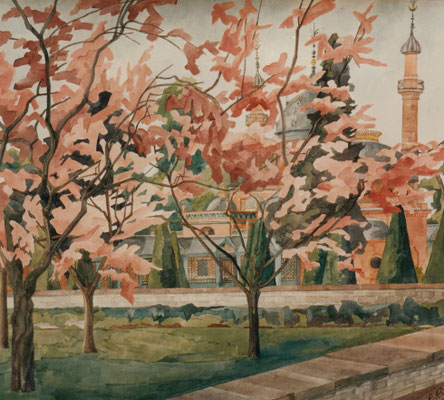 Kirschgarten und Moschee, Otto Eberhardt, 1999, Aquarell, Papier, 60x67cm, ID1497